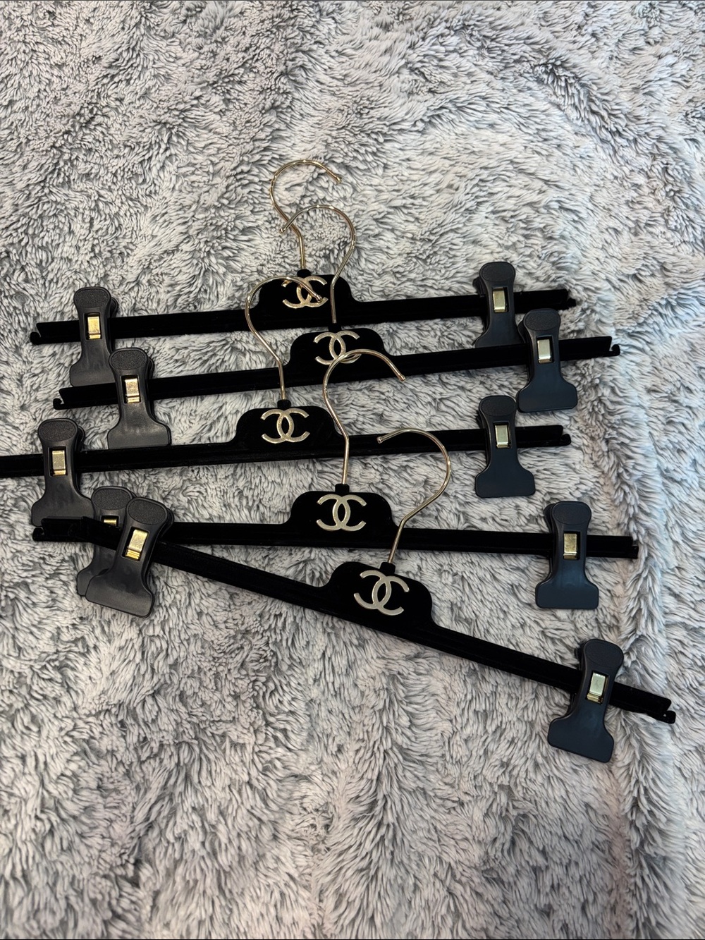 CHANEL Black Velvet Clip Hangers with Gold CC Logo